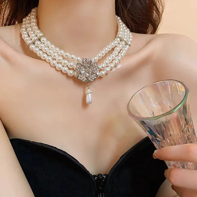 Flower Party Necklaces Women French Luxury Imitation Pearl Multi-layer Necklaces Bracelet Earrings Rhinestone Jewelry Sets K-