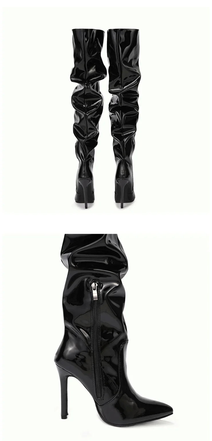 Botas acima do joelho femininas, bico fino, zíper lateral preto, salto alto fino, brilhante, plissado, salto alto