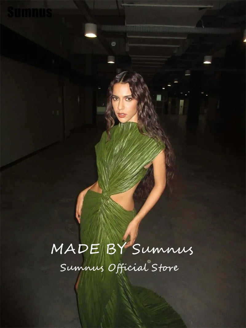 Sumnus Sexy Mermaid Evening Dresses High Neck Pleats Cut-out Side Slit Maxi Formal Dresses Gala robes de soirée Customized