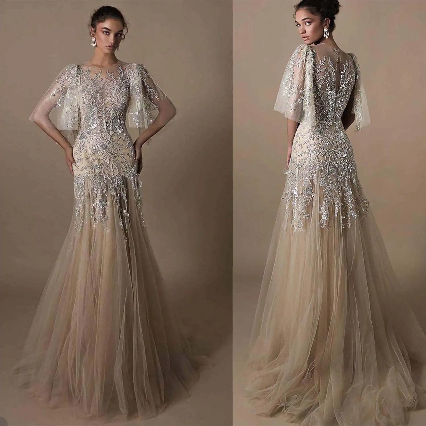 Elegant Evening Dresses Mermaid O-Neck Appliques Sequined Half Sleeve Prom Gown Party Dress Vestido De Noite Custom Made