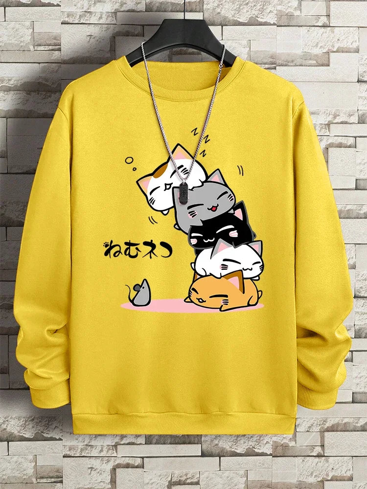 Moletom fofo com gatos empilhados,  masculino com capuz, hip hop, gola redonda, vintage, casual, solto, com capuz, outono, novas roupas soltas