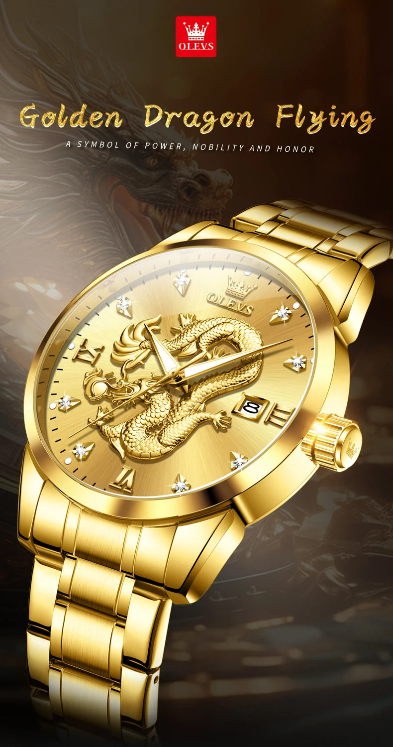 OLEVS Men's Watches Top Brand Fashion Original Quartz Watch for Man China Loong Dragon Dial Waterproof Luminous Date Olevs 3619