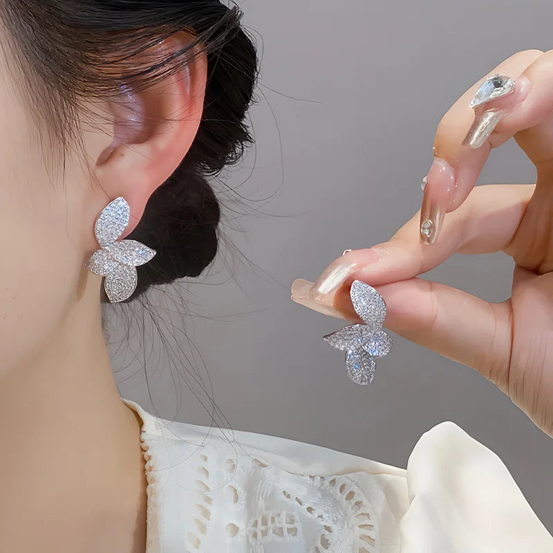 RAKOL Exquisite Full Zircon Leaf Stud Earrings for Women Korean Luxury Jewelry Elegant Flower Earring Bridal Wedding Party