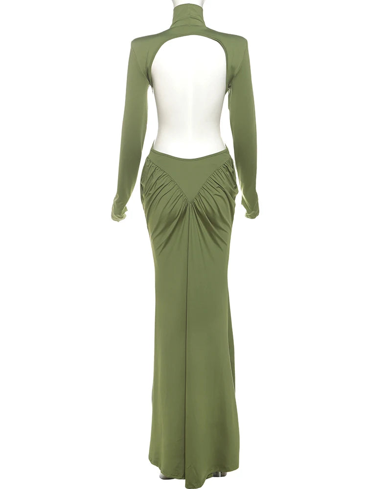 Weird Puss Backless Maxi Dress Women Shoulder Pads Long Sleeve Waistless Peach Buttocks Ruched Elegant Banquet Skinny Vestidos