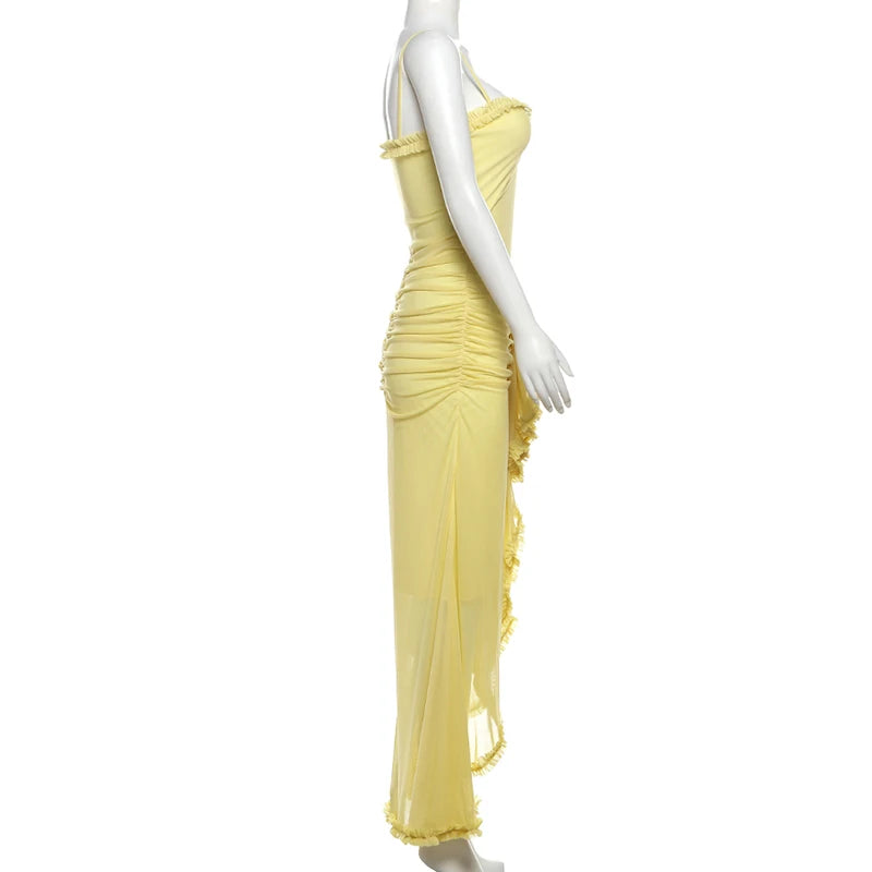 DGLUKE Spaghetti Strap Mesh Long Dress Women Ruched Bodycon Asymmetrical Ruffle Maxi Dress Elegant Ball Gown Dress 2025