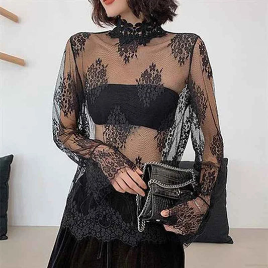 Sexy Lace Base Shirt Women's Mesh Inner Top Half High Collar Knitted Sweater Layerable Floral Lace Trim See through Design