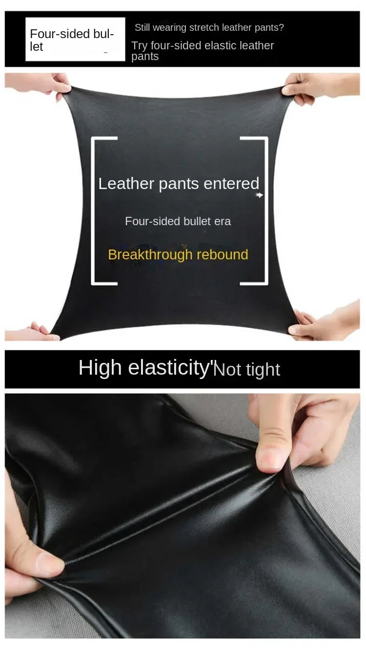 Calças de couro sintético de caxemira femininas outono/inverno 2024, grossas e de lã, cintura alta, justas e quentes, leggings pretas