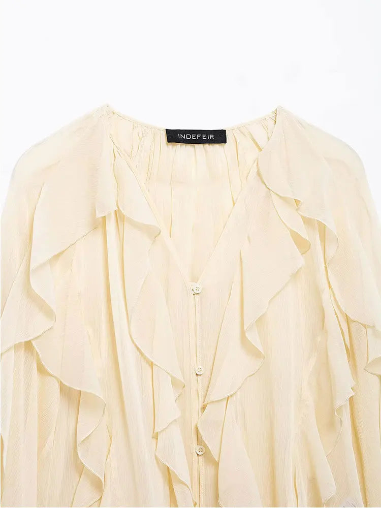 Camisa feminina casual com babados, solta, com cadarço, decote em V, blusas femininas para primavera de 2025