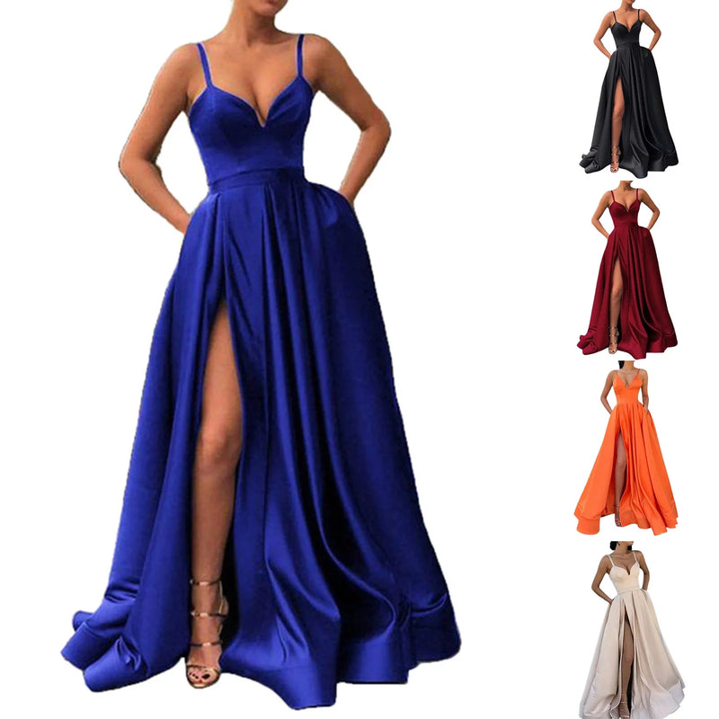 Women Maxi Dress Summer Fashion Suspender Solid Sleeveless Off Shoulder Low-cut V Neck Slit Slim Party Dresses High Streetwear - CRAVO ROSE