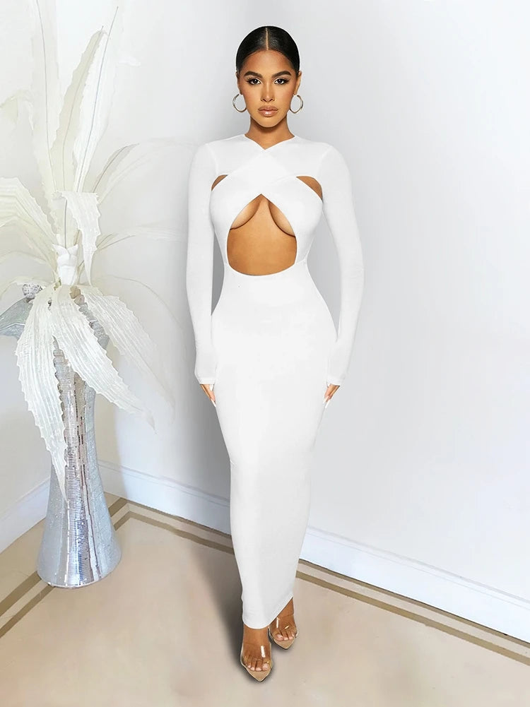 Roupas de outono femininas, vestido sexy slim fit, boate, festa à noite, cor sólida, manga comprida, temperamento, vestidos vazados