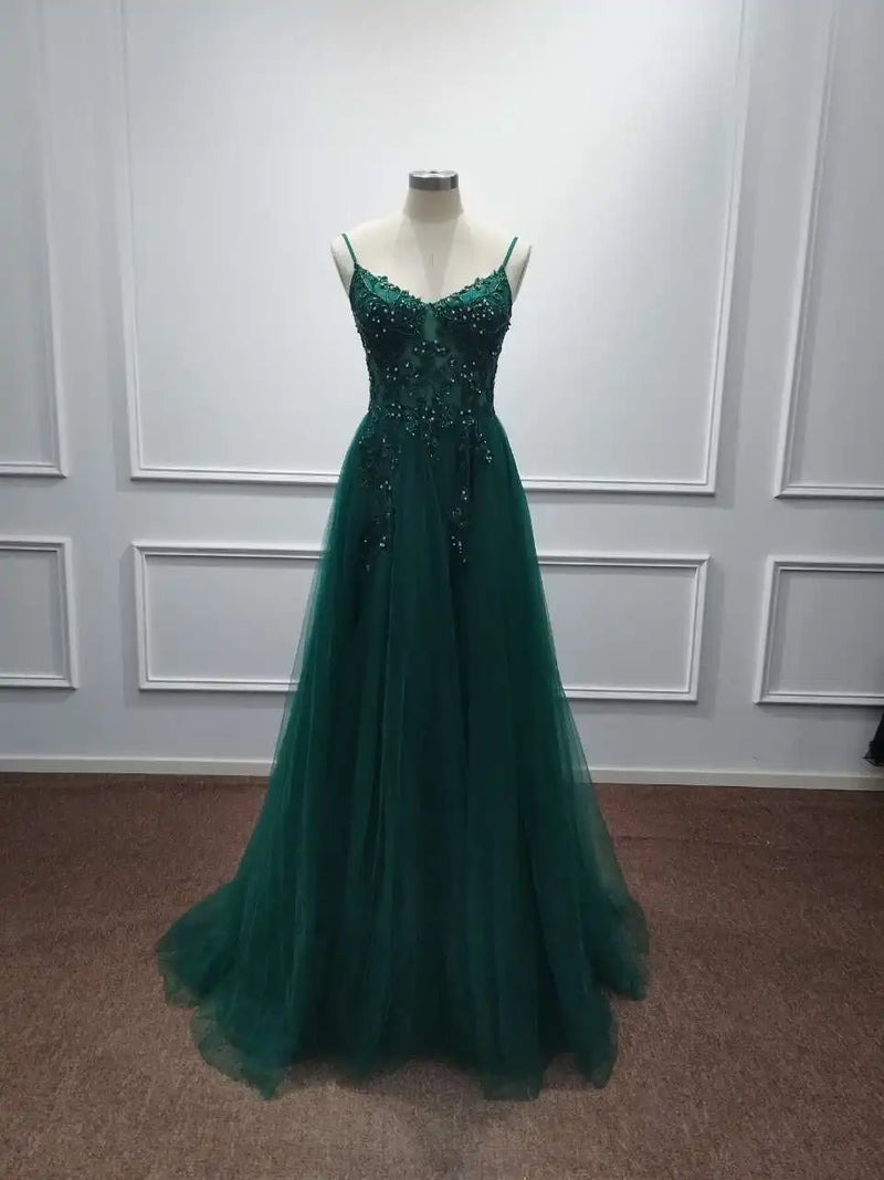Dusty Blue Tulle Prom Dresses Long 2025 Appliqued Beaded A Line Slit Women Evening Gowns Elegant Dress For Wedding Party
