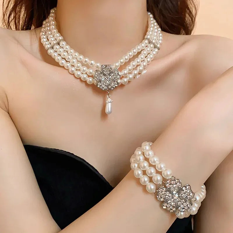 Flower Party Necklaces Women French Luxury Imitation Pearl Multi-layer Necklaces Bracelet Earrings Rhinestone Jewelry Sets K-