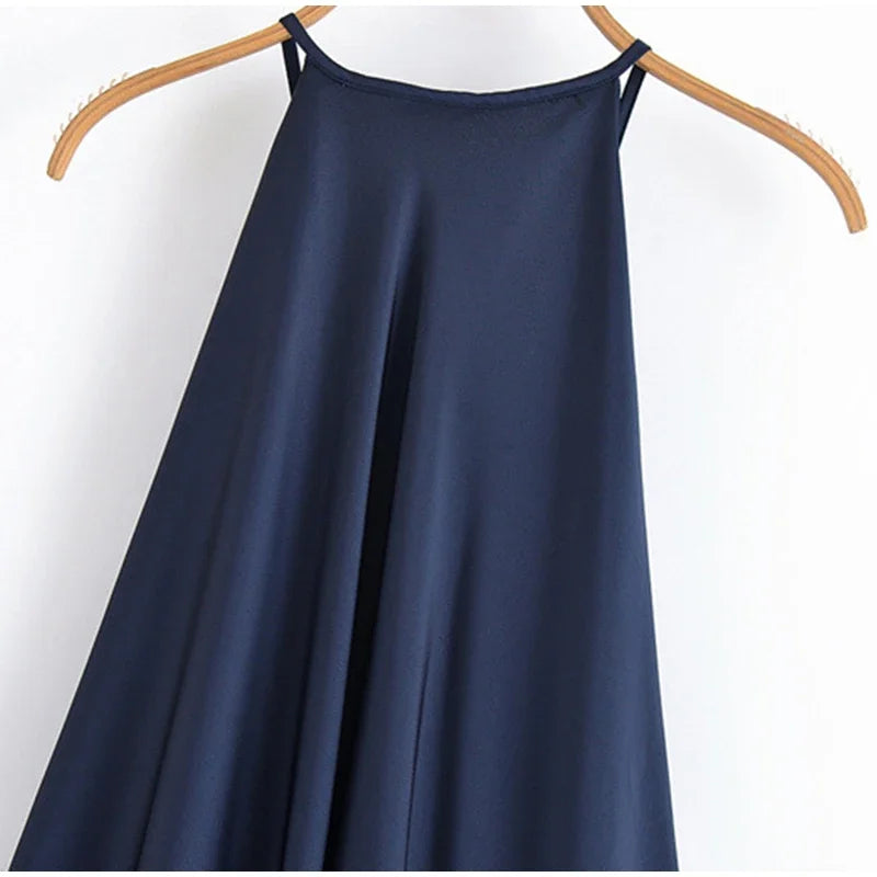 Elegant Satin Halter Backless Maxi Dress Women Loose Pleated O-neck Sleeveless Party Dresses 2026 Summer Lady Chic Holiday Robes