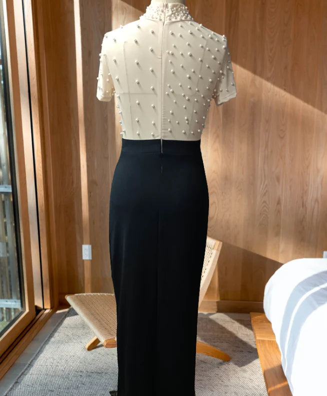 Women's Dress Elegant Formal Party Evening Dress Mesh Bubble Bead Spliced Short Sleeve Bodycon Wrap Hip Split Midi Dress