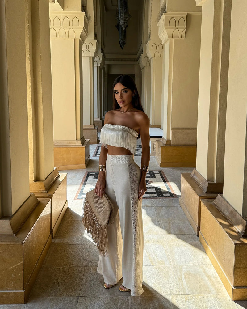 2025 New Sexy Tassel Two Piece Set With Pants Wide-Leg Pants Summer Women White Tube Top with Pants Suit Female