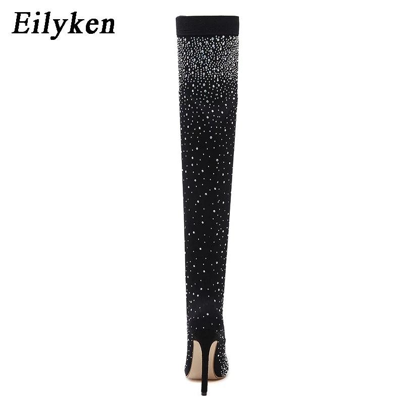 Eilyken Design Cristal Strass Tecido Elástico Sexy Salto Alto Meia Botas Acima do Joelho Bico Fino Pole Dancing Sapatos Femininos - CRAVO ROSE