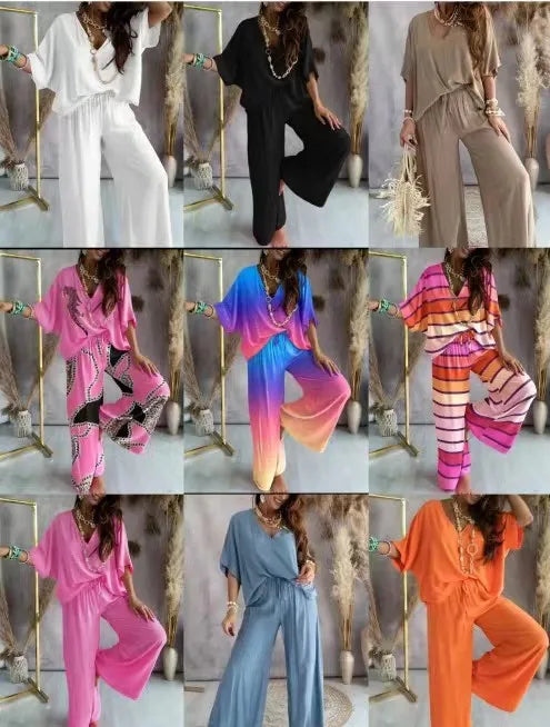 2024 Summer Long Pant Sets Two Piece Set For Women V Neck Bat Sleeve Loose Wide-leg Pants 2 Piece Set Solid Color Casual Outfits