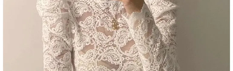 Fleece Lined Lace Base Shirt Women's Autumn Winter Hollow out Mesh Top Trendy Commute Style High Neck Long Sleeve  Color