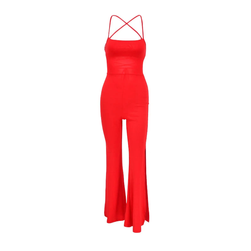 Women New Summer Elegant Jumpsiuits Sexy Backless Sling Slim Streetwear Bandage Halter Sleeveless Split Long Jumpsiuits Clothing