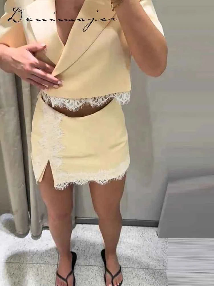 Fashion Lace Insert Two-Piece Suit Women Lapel Short Sleeve Cropped Blazer Mini Culottes 2026 Summer New Lady Office Party Wear