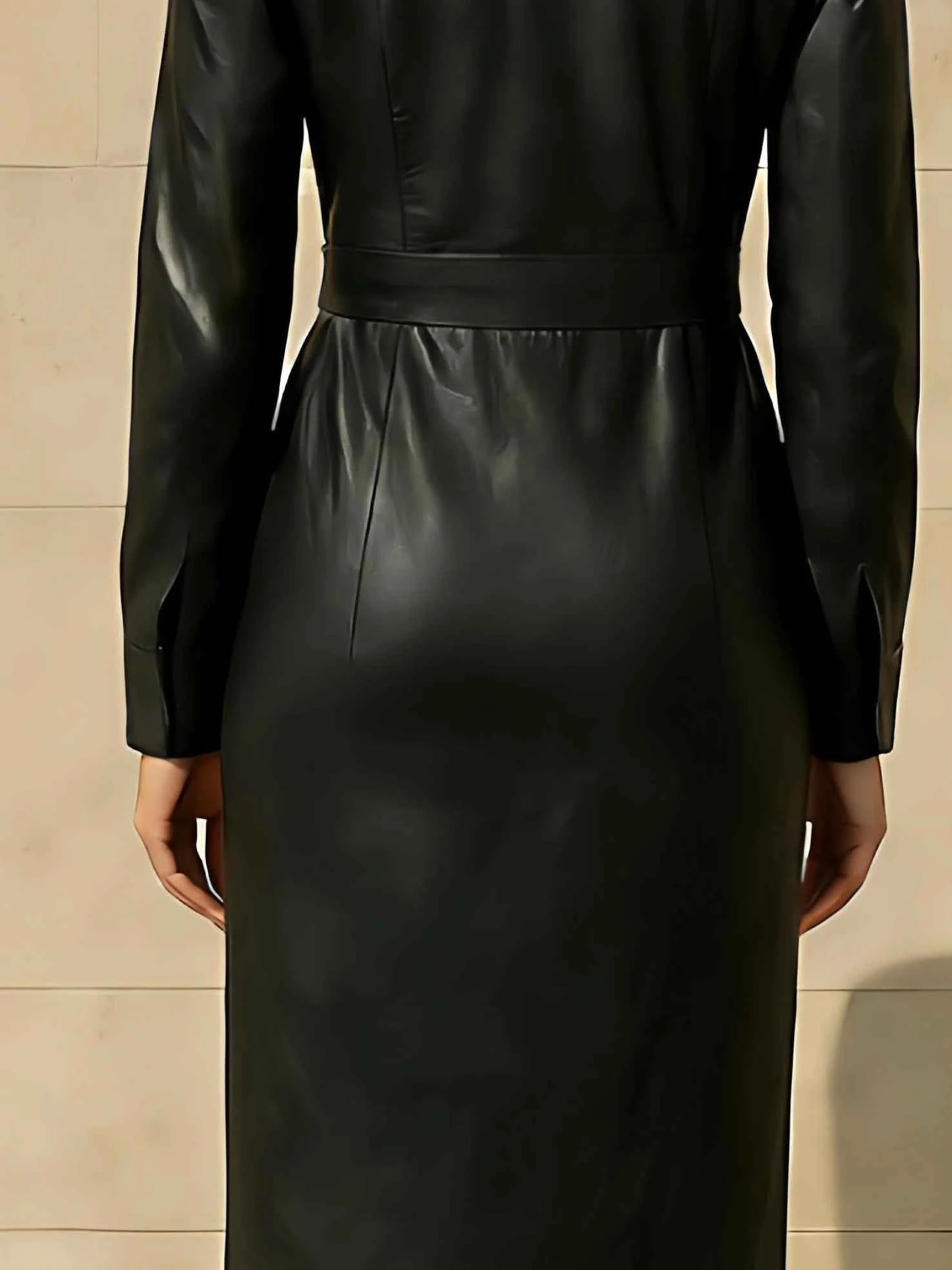 Fashionable Long PU Leather Dress with Single Button And Suit Collar Slim Fit Elastic Large Size Long Sleeve Skirt for Women