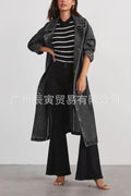 Women's Autumn and Winter New Fashion Denim Cotton Trench Coat Solid Color Double Pocket Long Single-breasted Loose Denim Coat