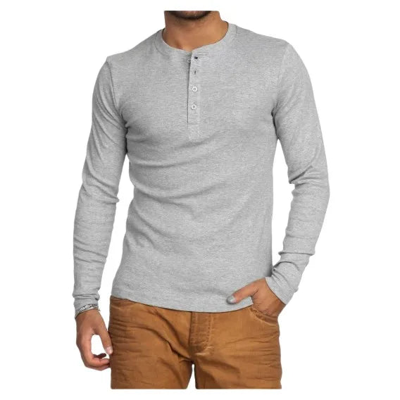KIT COM 3 Camisetas Henley J Prata Slim Fit Manga Longa 4 Botões