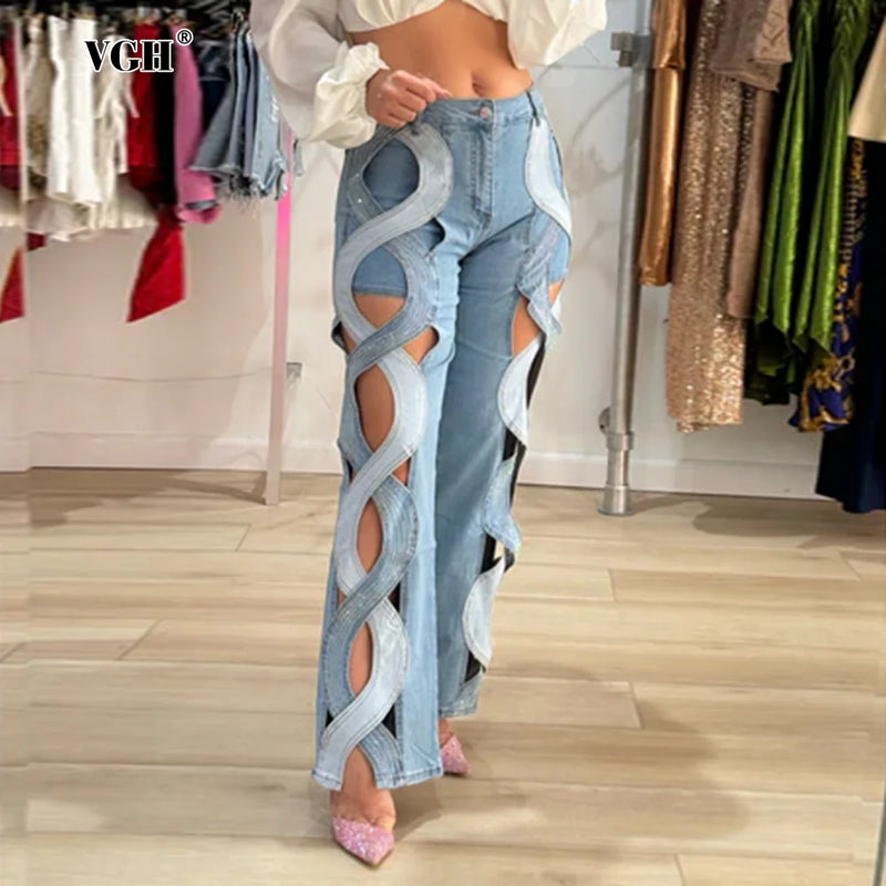 Calça jeans feminina VGH Crisscross Hit Color Streetwear cintura alta patchwork bolsos vazados calças femininas