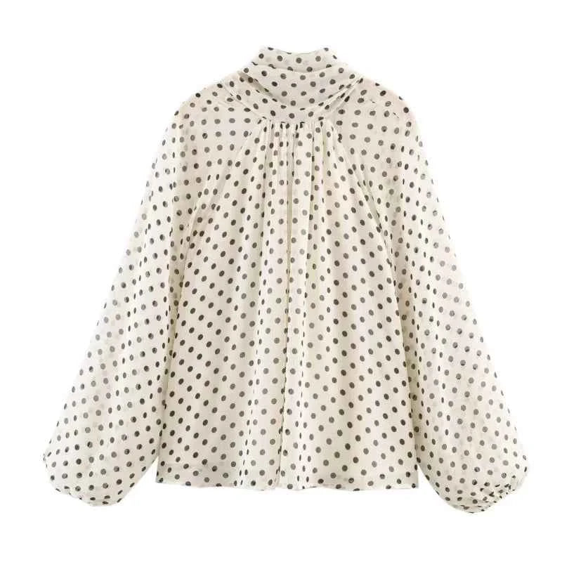 Women Polka Dot Print Blouse Casual High Collar Long Sleeve Lady Top Simple Women's Blouse Female Shirts & Blouses