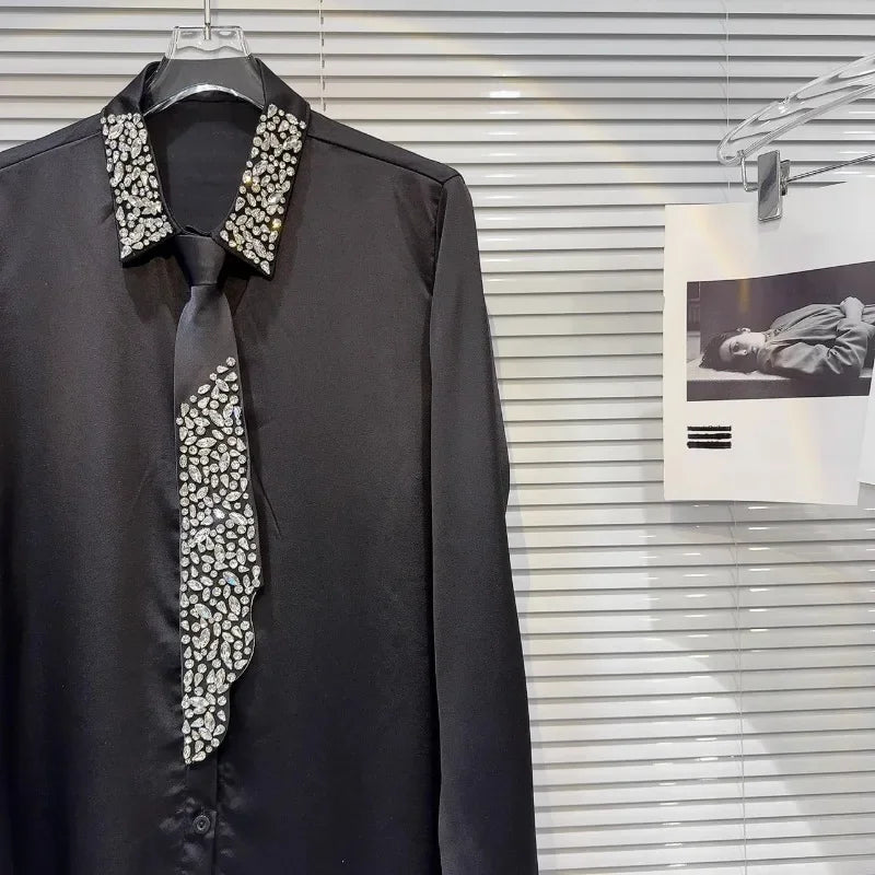 Blusa elegante e chique com losangos emendados lapela, manga comprida, design temperamental, camisa sensual