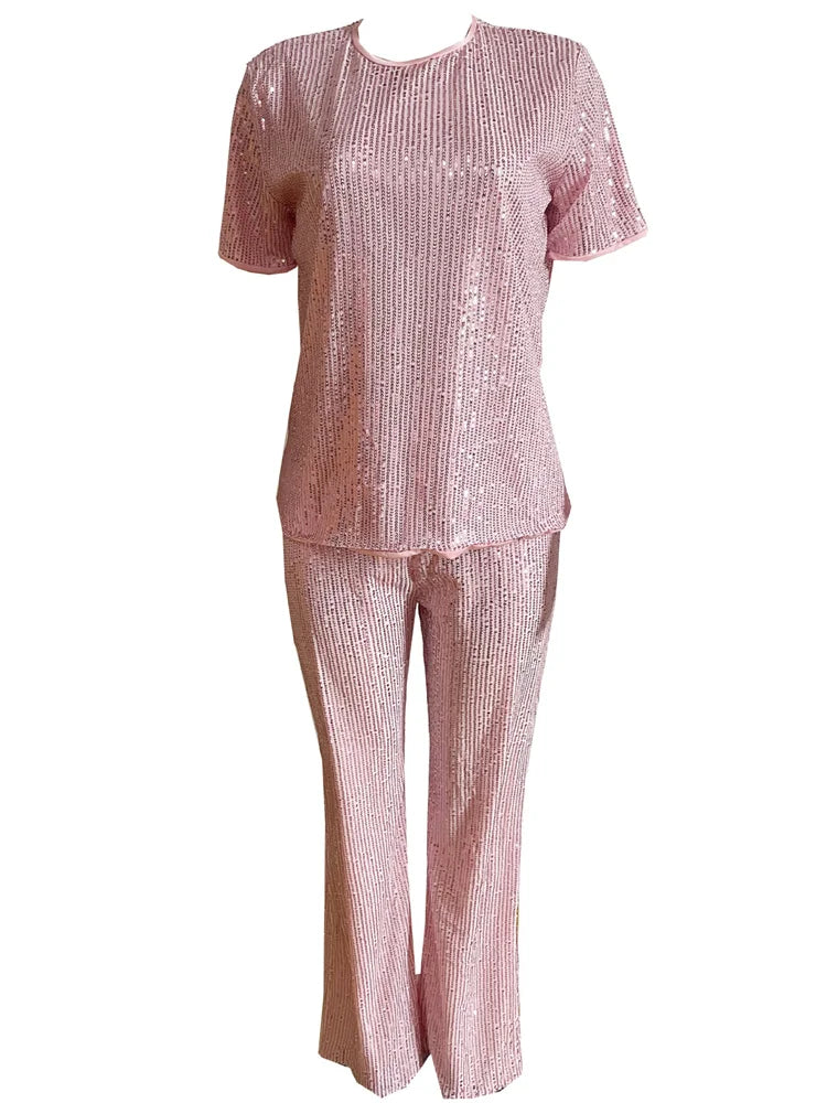 Conjunto Feminino de Duas Peças Primavera Feminino Casual Brilhante Lantejoulas Gola Redonda Moda Sólida Manga Curta Camiseta Perna Larga Calças Terno