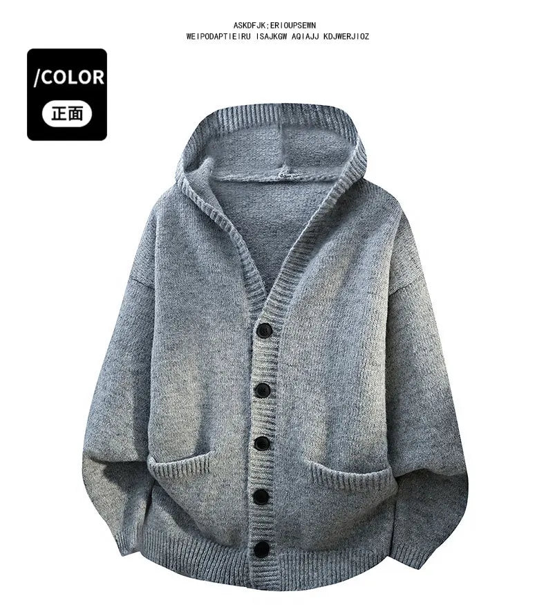 Men's Hooded Knit Cardigan Button Front Loose Fit Autumn Casual Fashion Warm Comfortable Lazy Style Sweater Outerwear