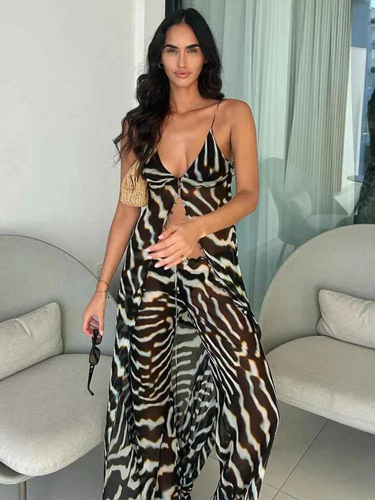 Women's Zebra Print Sheer Chiffon 2 Piece Set V-Neck Slip Tank Top Wide Leg Pants Casual Vacation Chic Outfits