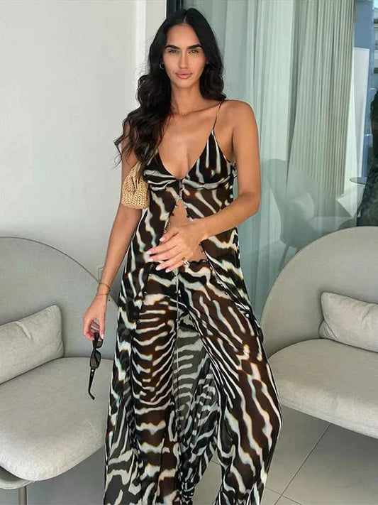 Women's Zebra Print Sheer Chiffon 2 Piece Set V-Neck Slip Tank Top Wide Leg Pants Casual Vacation Chic Outfits