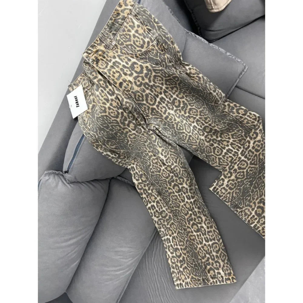 Calça jeans feminina americana retrô com estampa de leopardo, cintura alta, larga, casual, com bolsos, hip-hop, primavera/verão 2000, calça jeans pantera grande