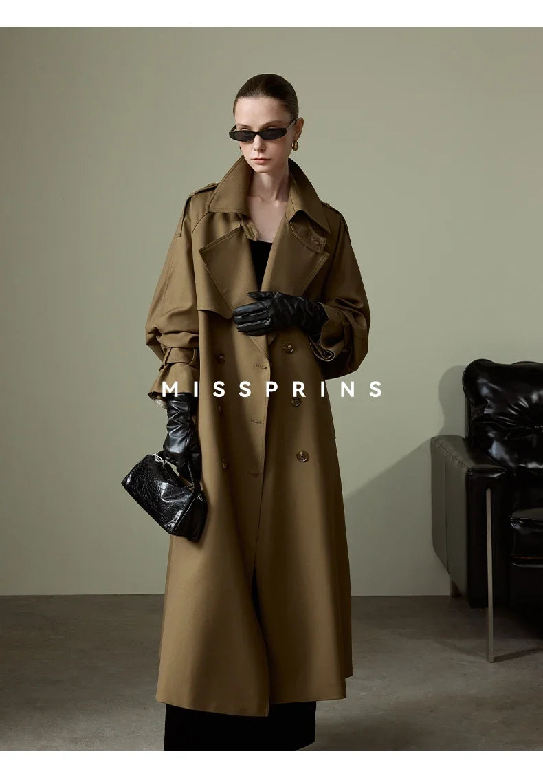 Lautaro Spring Autumn Long Khaki Trench Coat for Women Belt Double Breasted Chic Luxury Designer European Fashion Clothes 2025