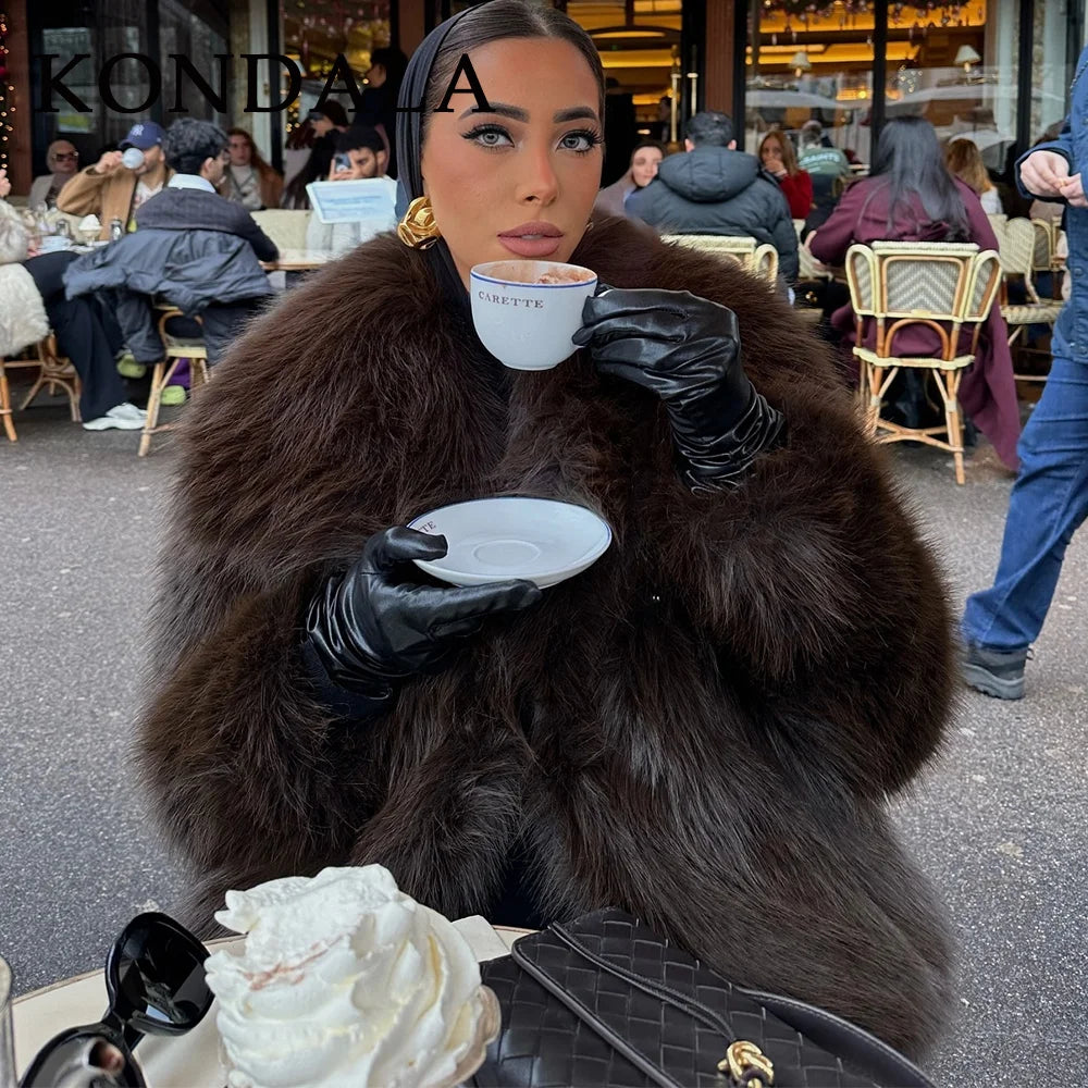 KONDALA 2026 Spring Summer Casual Faux Fur Brown Women Warm Jackets Valentine‘s Day Turn Down Collar Oversized Elegant Coats