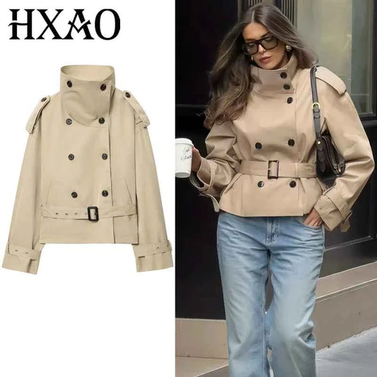 HXAO Crop Khaki Windbreaker Women's Jacket Autumn Fashion Stand Collar Long Sleeve Trench Coat Double-Breasted Belt Outerwears
