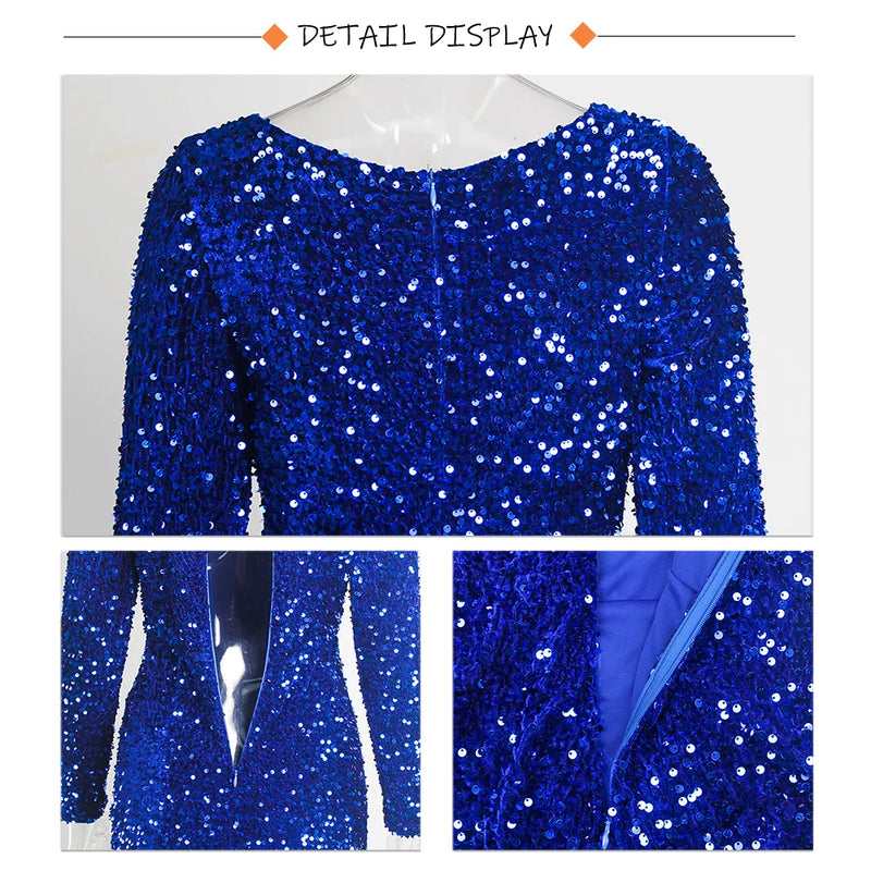 Romagic Elegant Women Modest Stretch Sequin Royal Blue Wedding Prom Gown Long Sleeves Mermaid Formal Evening Party Dress 2025