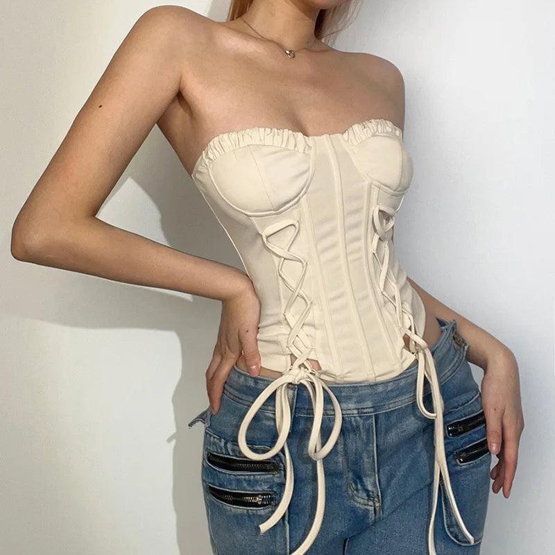 Harajuku Kawaii Vintage Cami Vest Hot Girl Crop Top White Lace Frill Zipper High Waist Bandage Slim Fit Corset Y2K Top Women - CRAVO ROSE