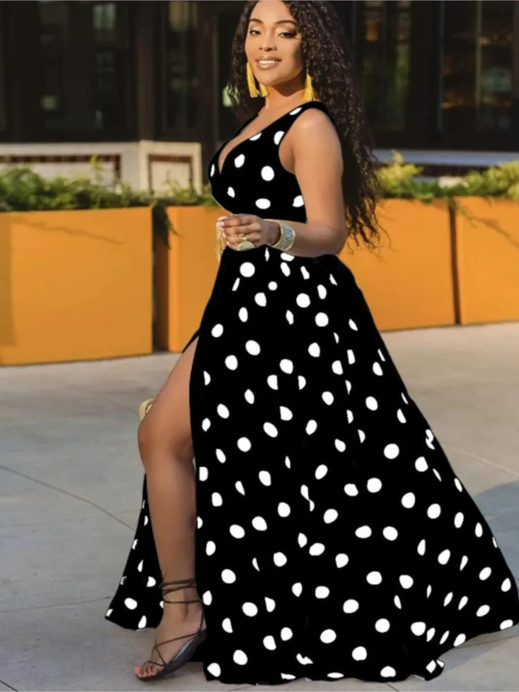 Sexy Deep V Neck Polka Dot Long Dress For Women Summer Boho Sleeveless Slim Print Side Slit Party Maxi Dresses Robe Femme