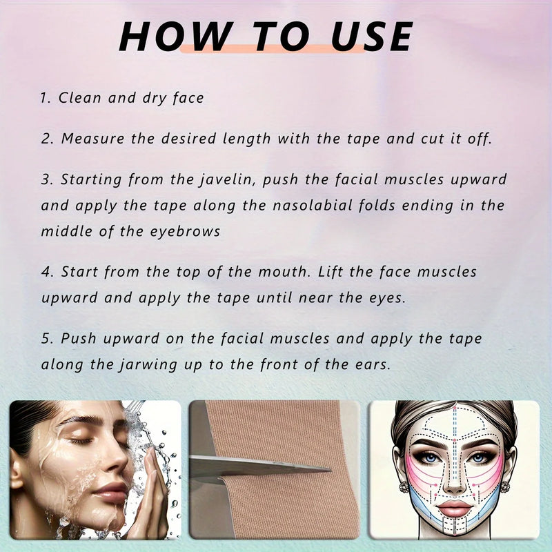 Fita elástica para lifting facial - levanta instantaneamente papadas flácidas, pele do pescoço e queixo duplo para uma linha de mandíbula em V definida - reutilizável - 0,98 x 196,85 polegadas