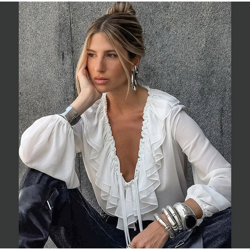 Blusa de chiffon com babados e manga comprida, blusa feminina casual solta, gola V, manga comprida, blusa de rua, primavera/verão 2025