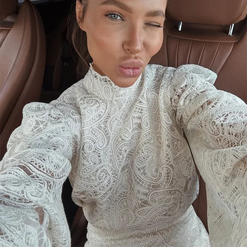 Elegant Lace Hollow Out Mini Dress Women Long Sleeve Designs Chic High Neck Short Vestidos 2026 Trendy Spring Club Night Gown
