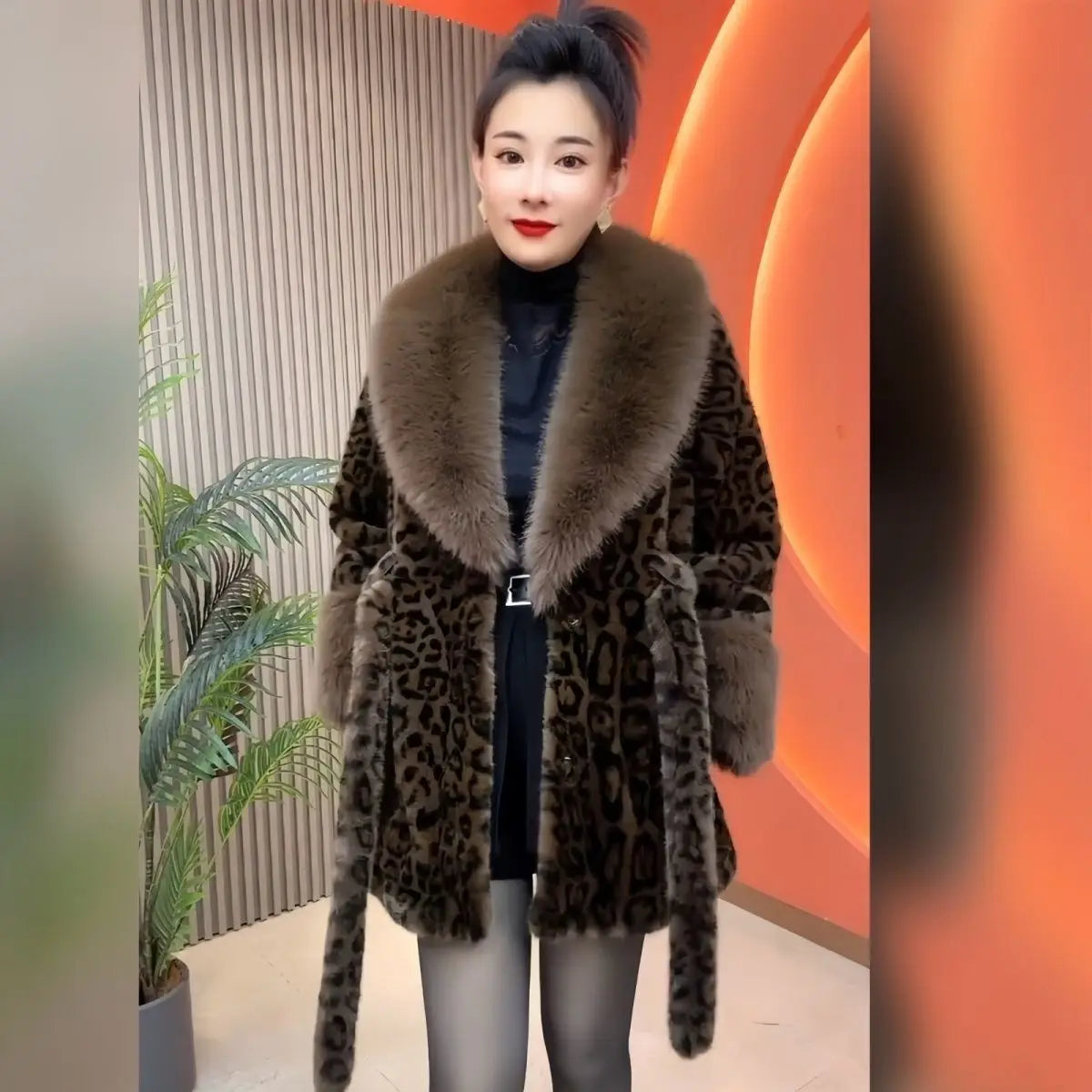 2025 New Women Autumn Winter Leopard Print Temperament Fur Coat Medium-Long High End Fur Collar With Belt Fur Jacket Overcoat