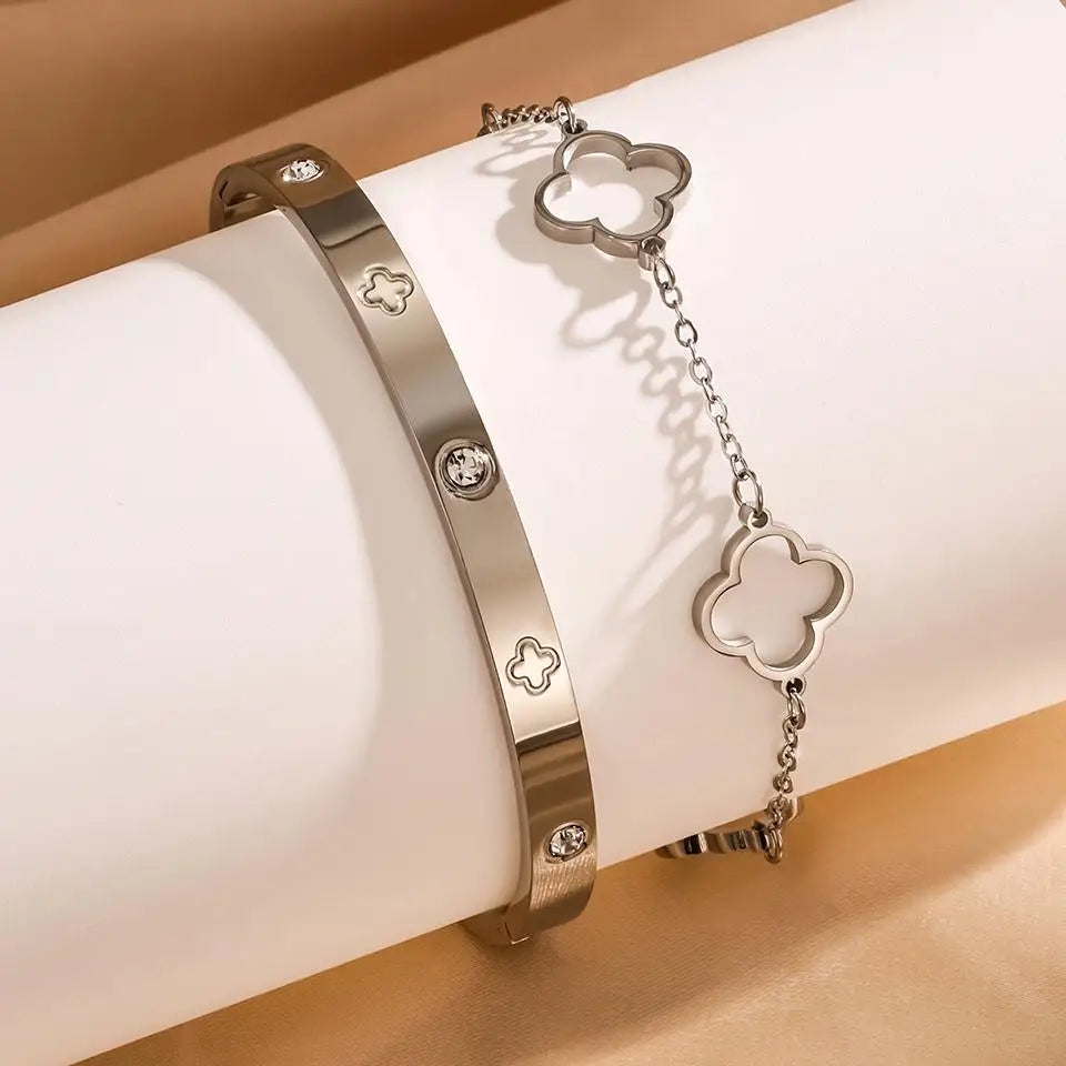 2Pcs Women's Lucky Clover And Heart Bracelet Set Stainless Steel Shiny Zircon Charm Party Jewelry Gift