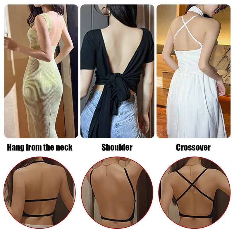 Sutiã invisível feminino com decote em U profundo, top sem costas para vestidos, lingerie sexy com alça transparente, push up, roupa íntima sem alças