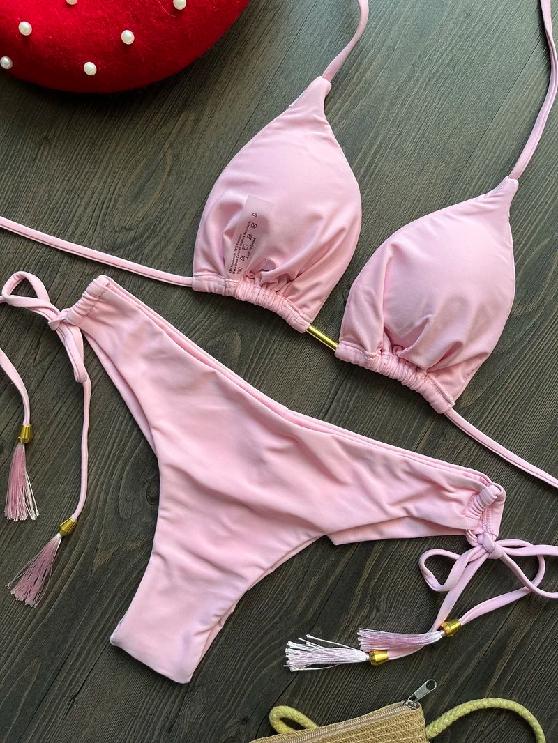 2024 sexy women bikini, brazilian triangle bikini, push-up swimsuit, metal chain beach bikini