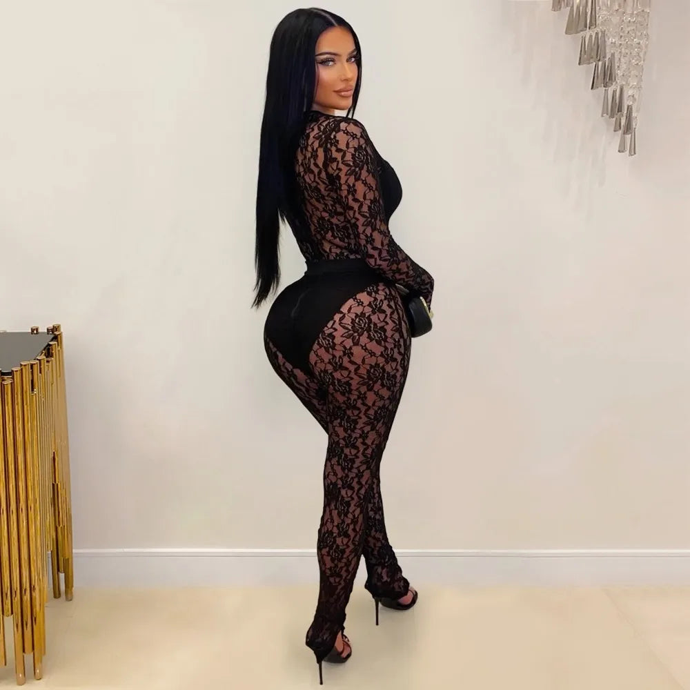 FLARORA Sexy Lace Hollow See Through Jumpsuits Woman O Neck Full Sleeve Peach Hip Slim Jumpsuit Midnight Party Clubwear Overalls