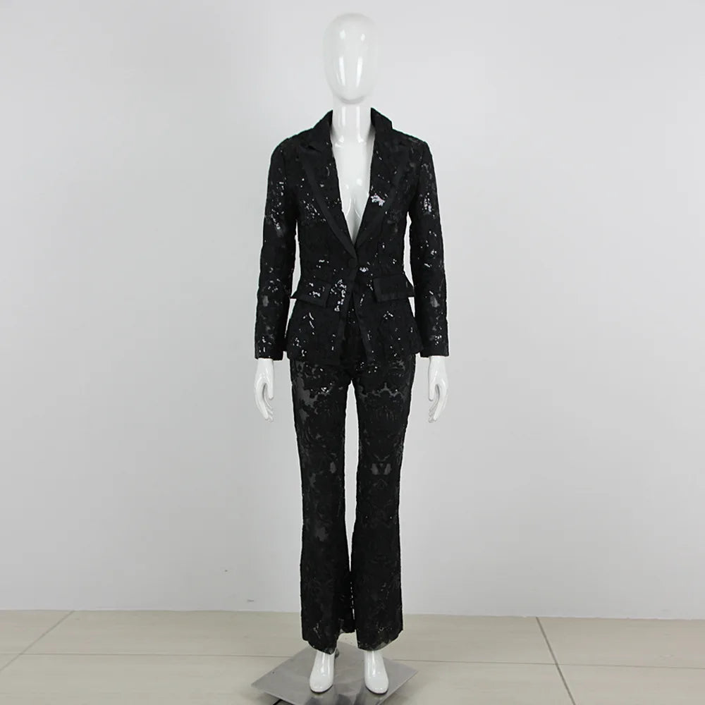HIGH STREET Newest 2026 Designer Runway Suit Set Women's Single Button Guipure Lace Blazer  Flare Pants Set